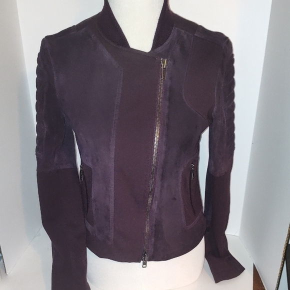 Theory Jackets & Blazers - Theory Shezi K Combo Moto Jacket Eggplant Purple Suede Small Cropped Lamb Leathe
